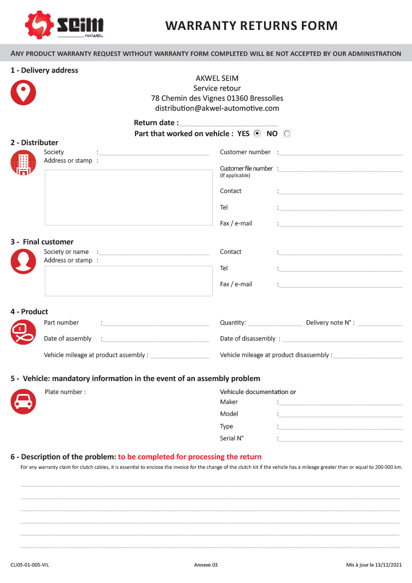 WARRANTY RETURNS FORM
